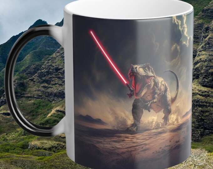 Mug, T-Rex Wielding Lightsaber, Dinosaur Coffee Cup, Color Changing Mug, Tea Cup, Gift for Dino Lover, Jurassic Park Fan, Magic Mug