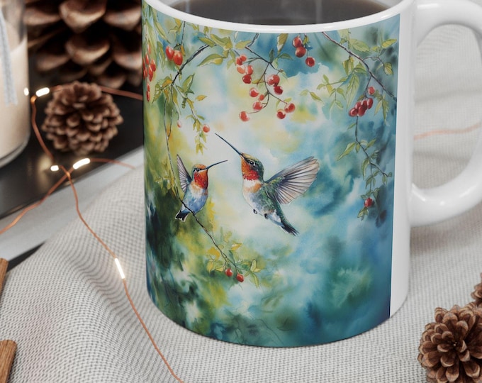 Hummingbird Ceramic Mug, Colorful Coffee Cup, Bird Lover Gift, Kitchen Decor, 11oz 15oz Tea Mug