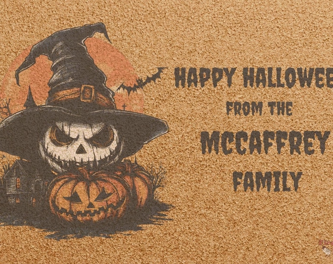 Doormat - Spooky Jack O' Lantern Witch Halloween Decoration, Personalized Family Name Welcome Mat, Scary Pumpkin, Halloween Gift, Halloween