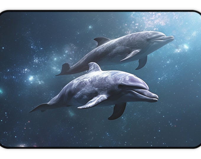 Firechick Designs "Dolphins in Space" Desk Mat Design #3 | Mouse pad Animals Marine Mammals Whales Protection Keyboard Office Cetacean