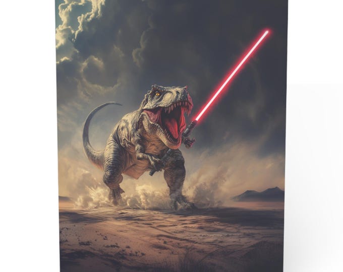 Dinosaur Greeting Cards - Epic T-Rex with Lightsaber, Fun Birthday, Unique Invitation, Kids' Party, Art Cards, Collectible, Personalizable