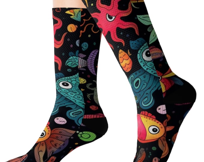 Colorful Mutant Fish Sublimation Socks | Wild Crazy Fun Stockings Hose Hosiery Ocean Animals Fantasy Vivid Bright Colored Graphic Animated