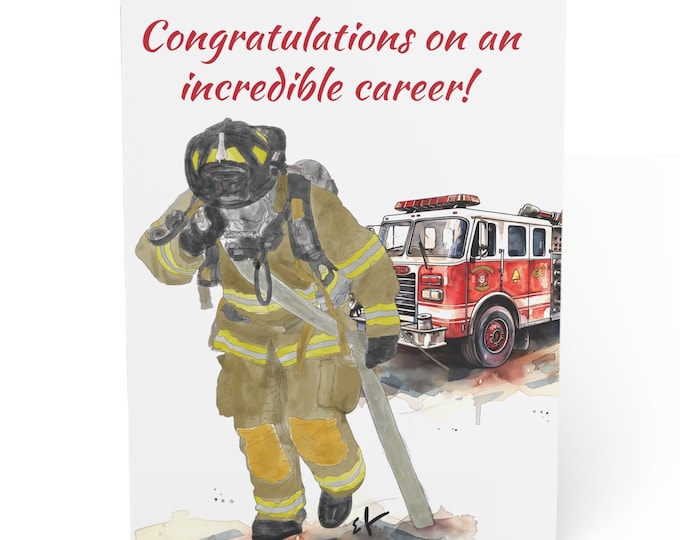 Firefighter Retirement Congratulations Greeting Card (1ea. or 10 pack), 5x7 inches, 270gsm Paper, Watercolor Fire Station Design, Envelopes