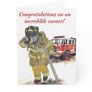 Biglietto d’auguri di congratulazioni per il pensionamento del vigile del fuoco (confezione da 1 o 10), 5 x 7 pollici, carta da 270 g/m², disegno ad acquerello della caserma dei pompieri, buste