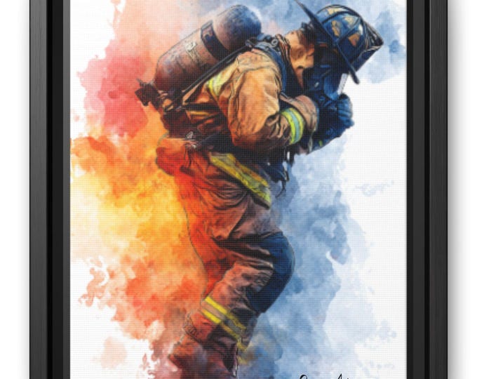 Framed Canvas, Firefighter Watercolor Art Print, Matte Wall Decor, Home Office Decoration, Gift for Fireman - Matte Canvas, Framed, Wall