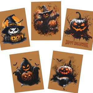 May include: Five Halloween art prints with spooky characters and pumpkins. Each print has a brown background and features a different design, including a scarecrow, a jack-o'-lantern, and a ghost. One print says "Happy Halloween".