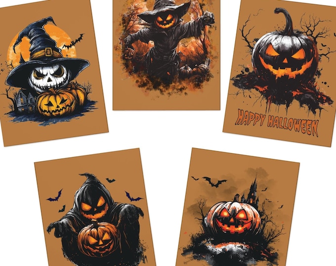 Halloween Greeting Cards, Scary Card Set, Creepy Note Cards, Spooky Stationery, Multi-Design 5-Pack