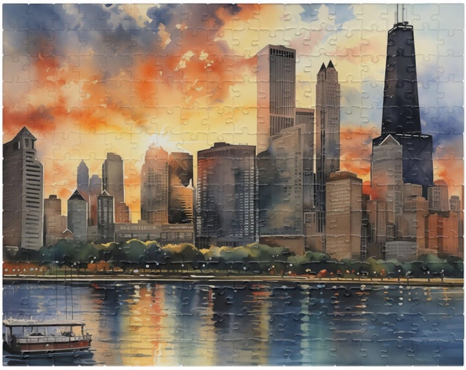 The Windy City Puzzle (110, 252, 520, 1014-piece) 1000 Piece Watercolor Chicago Skyline Jig Saw Cityscape Family Games Painting Wall Art