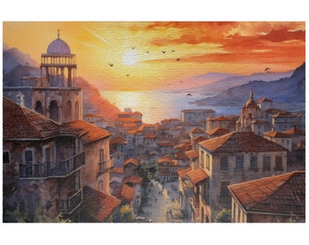 Puede incluir: Una pintura de acuarela de una ciudad al atardecer. Los edificios son blancos con techos de tejas rojas y el cielo es de un naranja y amarillo vibrantes. El mar está en el fondo y hay pájaros volando en el cielo.