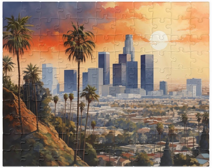 Los Angeles Watercolor Puzzle (110, 252, 520, 1014-piece) LA City of Angels Jig Saw Painting Sunset Cityscape Skyline Hollywood Family Games