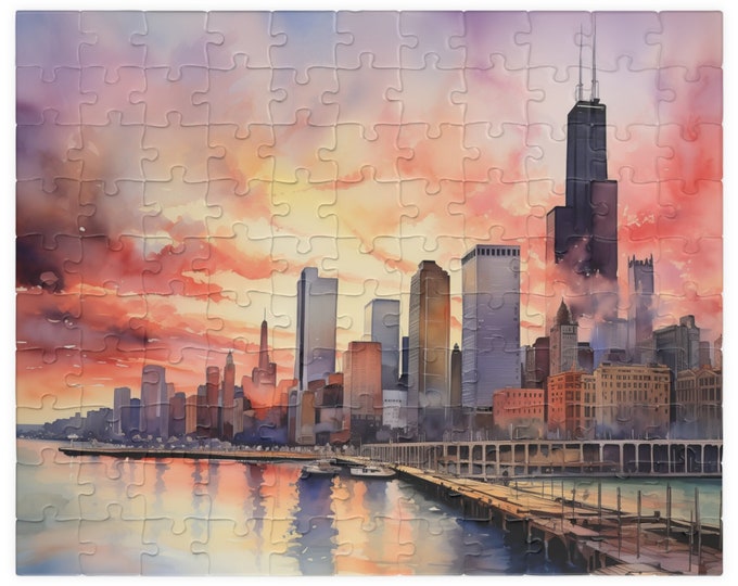 Chicago Skyline Puzzle (110, 252, 520, 1014-piece) Watercolor 1000 Piece Windy City Skyline Chi-town Jig Saw Painting Wall Art Family Games