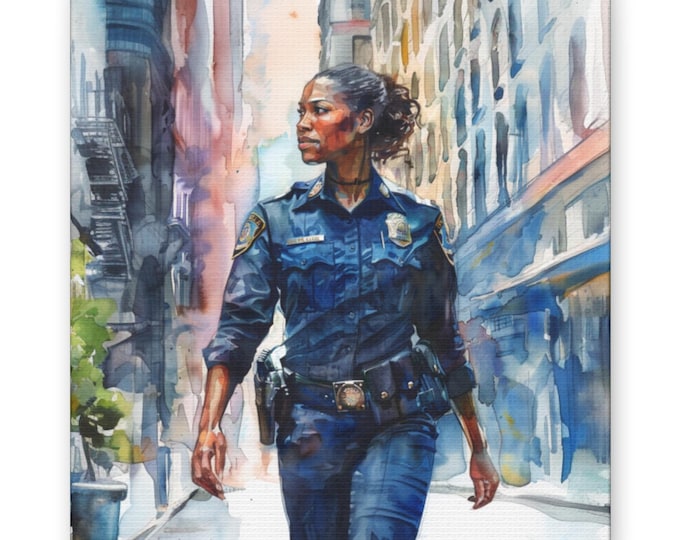 Canvas Print, Black Female Police Officer Watercolor Style Wall Art, Home Decor, Law Enforcement Gift, African American Cop Painting, Police