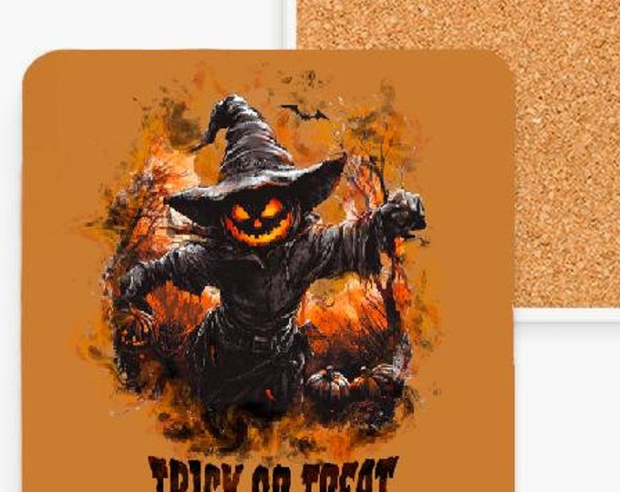 Halloween Ceramic Cork Coaster, Trick or Treat Design, Round or Square