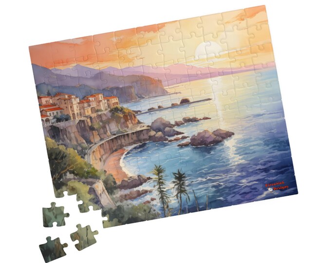 Puzzle, Sunset Italian Coastline Jigsaw, Watercolor Style, 110 252 520 1014-Piece, Adult Kids Family Activity, Relaxing Hobby, Coastal