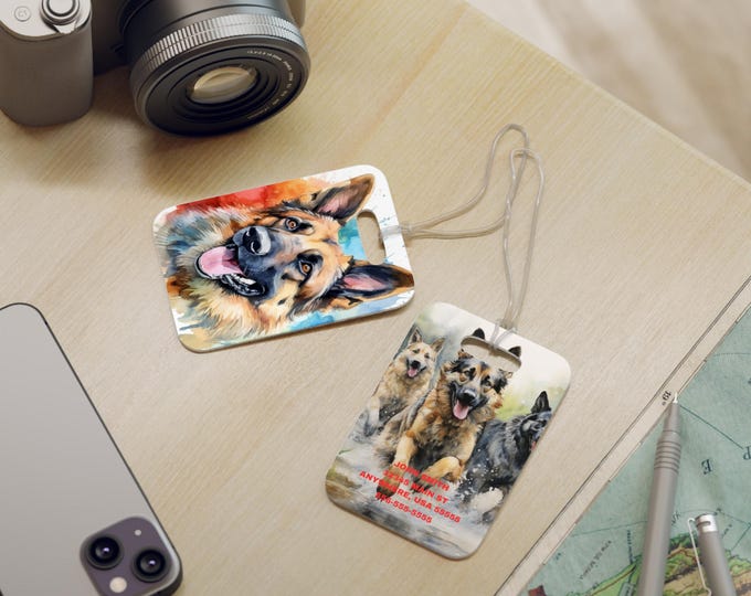 German Shepherd Luggage Tags, Personalized Dog Travel Tags, Custom Pet ID Tags, Pet Lover Gifts, Pet Owner Accessories, Dog Lover