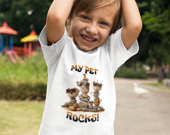 My Pet Rocks Kids (Design #2) Heavy Cotton™ Tee Cartoon Funny Pets Dogs Cats Rock Silly Cute Adorable for Kid Boys Girls Animals Fun Comical