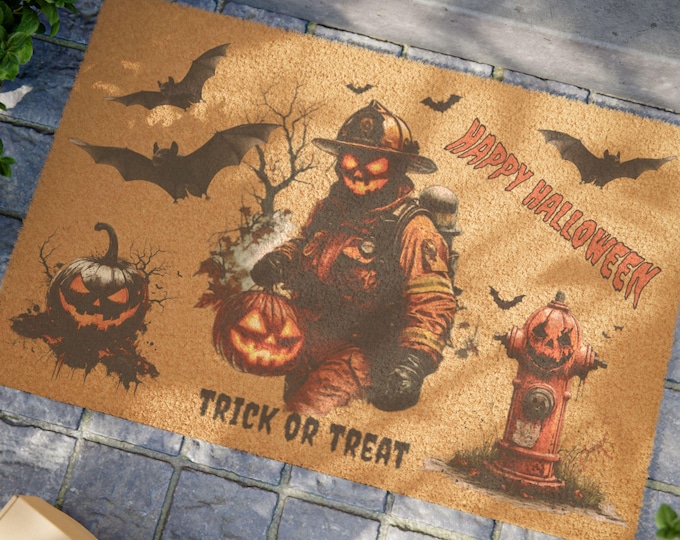 Halloween Doormat - Spooky Firefighter Welcome Mat, Trick or Treat Decor for Fall, Pumpkin and Bat Design, Halloween Door Rug, Fall Front