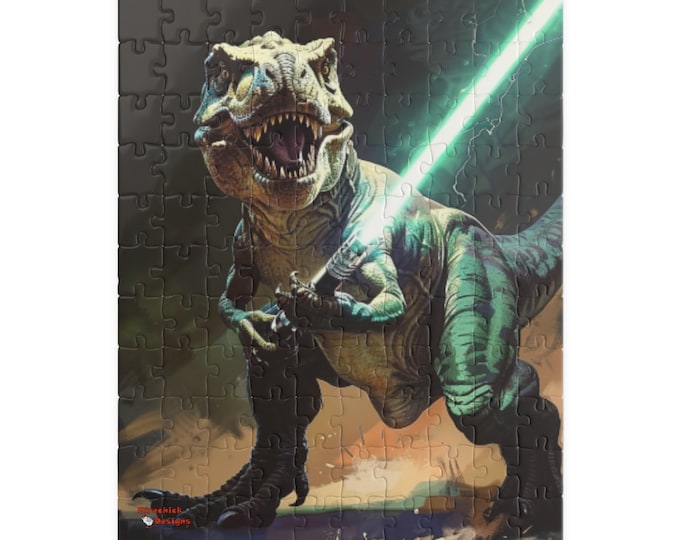 Jigsaw Puzzle, Dinosaur Lightsaber Puzzle, T-Rex Puzzle, Gift for Puzzle Lovers, Geeky Puzzle, Kids Puzzle Activity