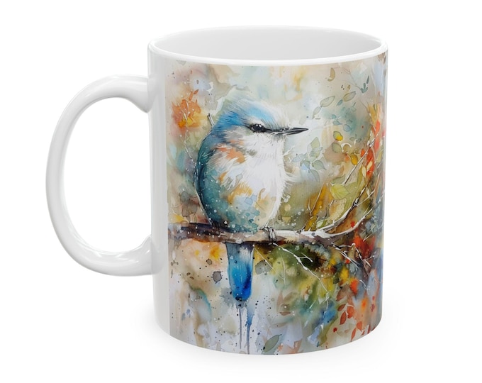 Western Bluebird Ceramic Mug, Watercolor Style, 11oz 15oz, Bird Lover Gift, Nature Coffee Cup, Wildlife Tea Mug, Branch Design Kitchen