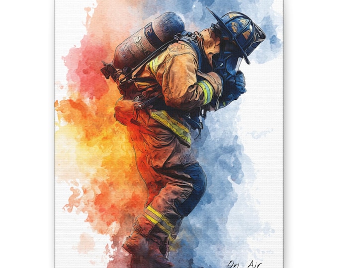 Firefighter Canvas Wall Art Print "On Air" Hero Fireman Watercolor Painting Firefighter Gift, Firefighter Appreciation Home & Office Decor