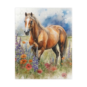 May include: A brown horse with a white blaze on its face stands in a field of wildflowers. The horse is looking to the left of the image. The flowers are a mix of purple, pink, and orange.