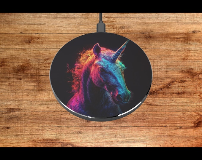 Wireless Charger, Rainbow Unicorn Design, Charging Pad, Qi Compatible, Black Base, 3.93 inch Diameter, Tech Gift for Unicorn Lover, Magical
