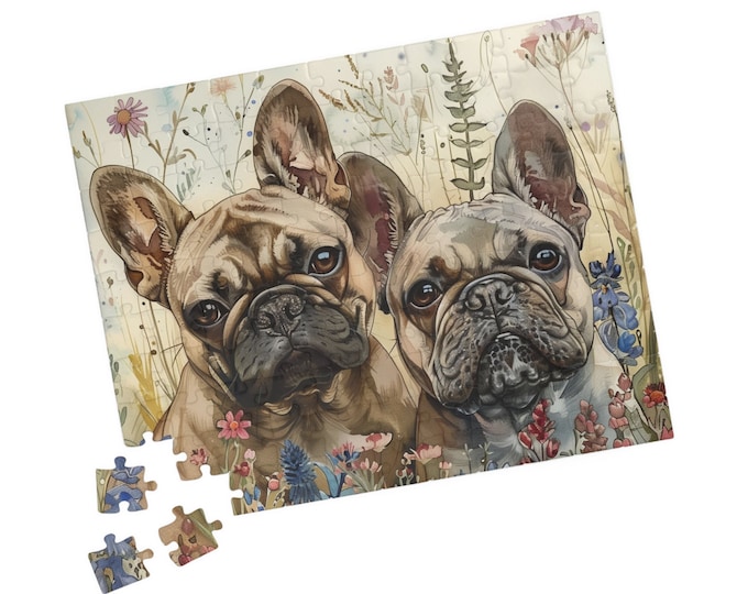 French Bulldogs Puzzle (110, 252, 520, 1014-piece) Wildflowers Watercolor Jig Saw Family Pet K9 Canine Friend Buddy Tabletop Game 1000 500
