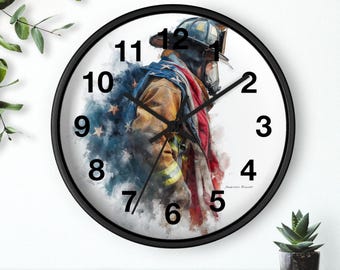 Firefighter with American Flag Wall Clock | Patriotic Fireman Decor