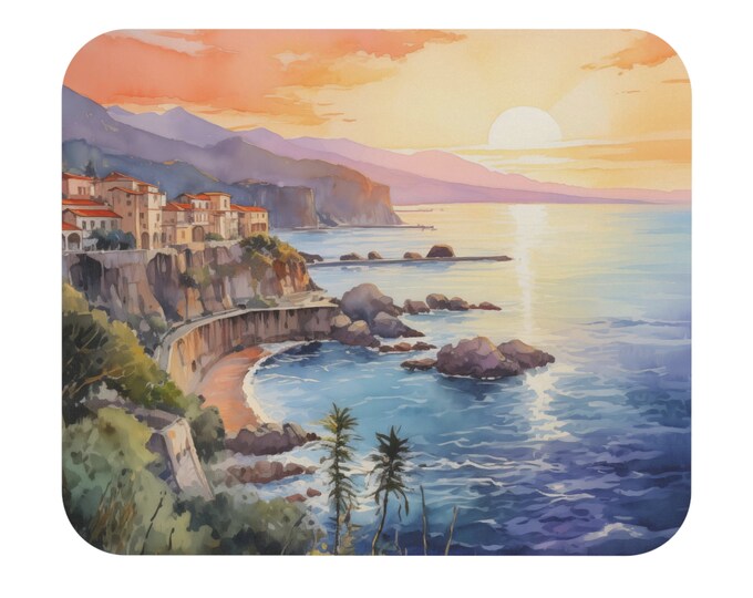 Italy Coastline Mouse Pad (Rectangle) Watercolor Italian European Painting Beautiful Ocean Cityscape Skyline Cliffs Port Computer Accessory