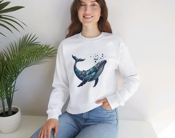 Whale Print Sweatshirt, Unisex Heavy Blend™ Crewneck Sweatshirt, Abstract Humpback Design, Poly-Cotton Comfort Fit