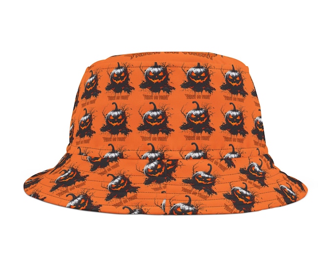 Halloween Bucket Hat with Scary Pumpkin Design, 100% Polyester, 2 Sizes, 2 Stitching Colors, Made in USA, Jack 'O Lantern Boonie Cap