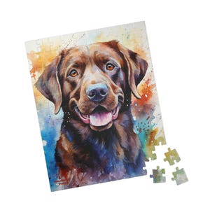 May include: A watercolor painting of a chocolate brown Labrador Retriever dog with a happy expression. The dog's fur is painted with a textured brushstroke, and the background is a colorful watercolor wash.