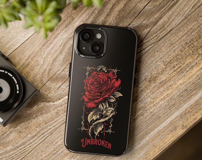 Vintage Red Rose Tough Phone Cases, UNBROKEN Design, iPhone 14 15 16, Floral Protective Cover, Retro Flowers, Strong Smartphone Accessories