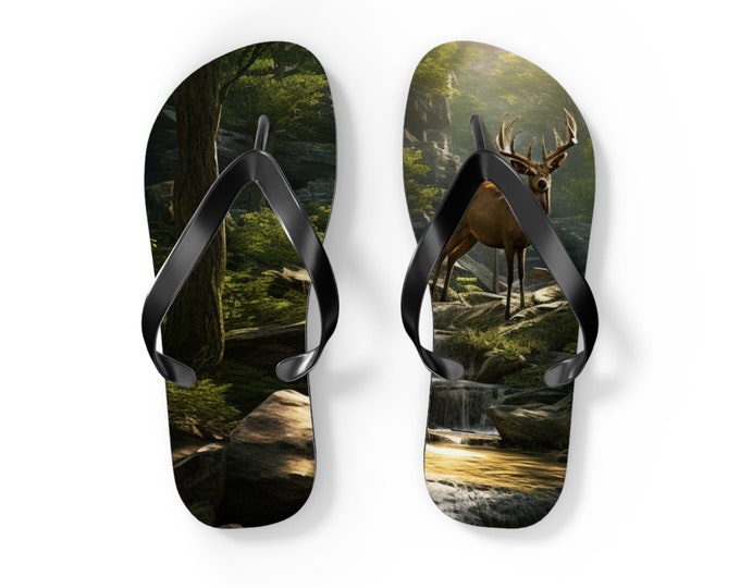 Wilderness Flip Flops | Deer Buck Summertime Sandals Creek Stream Easy Wearing Comfortable Shoes Summer Beach Pool Shower Casual