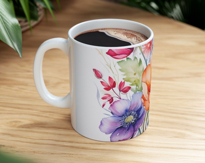Beauty of Flowers Ceramic Mug 11oz | Flora Coffee Cup Beautiful Bright Water Colors Pink Blue Red Green Yellow Artful Pretty Colorful