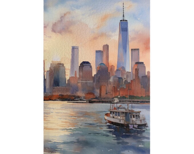 New York City Puzzle (110, 252, 520, 1014-piece) 1000 Watercolor NY Harbor Skyline Empire City Big Apple Painting Cityscape NYC Jig Saw