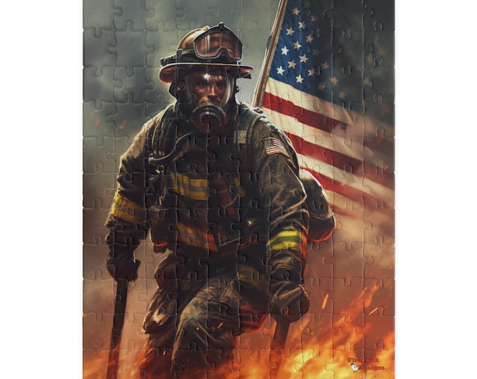 American Firefighter Puzzle (110, 252, 500, 1014-piece) by Firechick Designs | Jigsaw Fireman Usa Fire Dept Old Glory Flag America