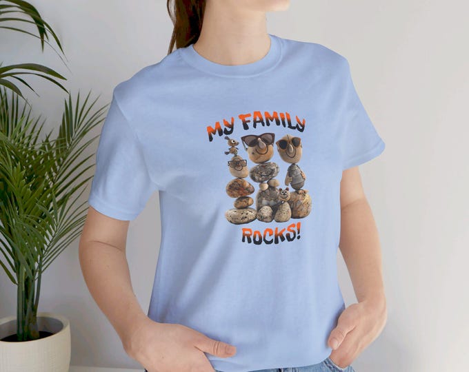 My Family Rocks (Family of 3, dog/cat & bird) (Orange tones) Unisex Jersey Short Sleeve Tee