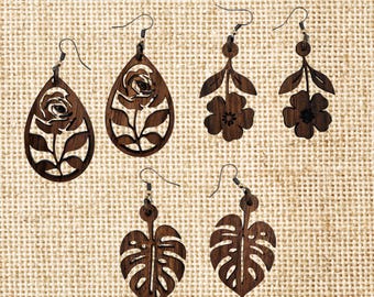 Handmade Amazakoue Wood Earrings | Laser-Cut Rose, Flower, Monstera