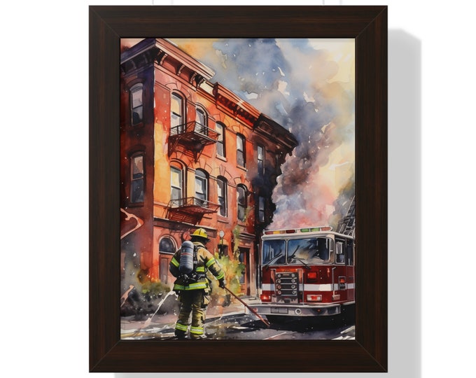 Firefighter at Work Framed Vertical Poster Firefighter Graduation Gift Fireman First Responder Action Fire Fighter America's Bravest