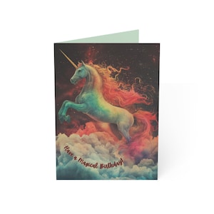 Cartes de voeux licorne magique, voeux d'anniversaire personnalisés, articles de fête d'enfants, cartes fantaisie, carte licorne arc-en-ciel