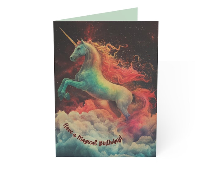 Magical Unicorn Greeting Cards, Personalized Birthday Wishes, Kids Party Supplies, Fantasy Cards, Rainbow Unicorn Card
