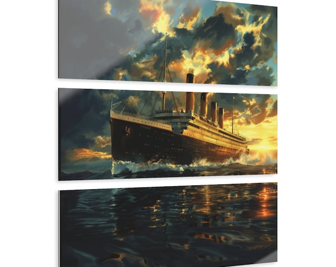 Titanic Acrylic Wall Art Triptych, 36x12 inches Horizontal or 12x36 inches Vertical Watercolor Image Hand Polished Includes Hanging Hardware