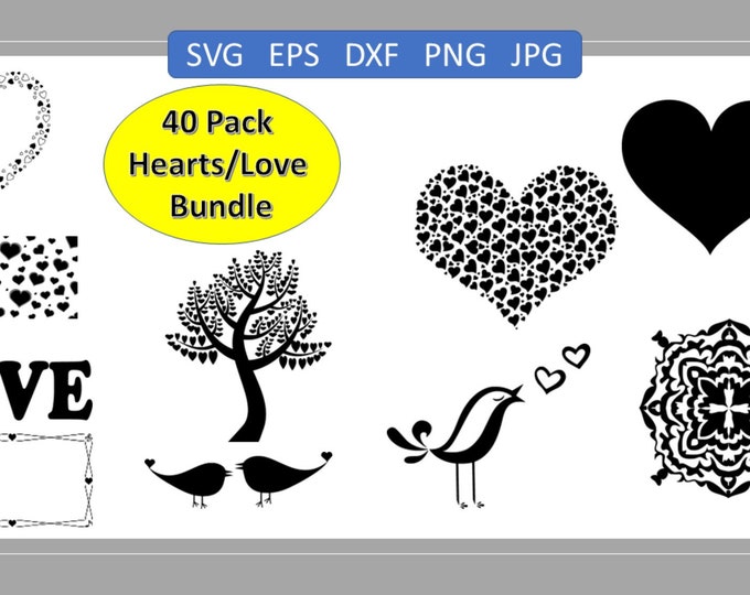 40 Heart Love Svg Bundle, Open Heart, Doodle, Love, Valentine,Cricut,Png,Dxf great on tshirts mugs cards wood