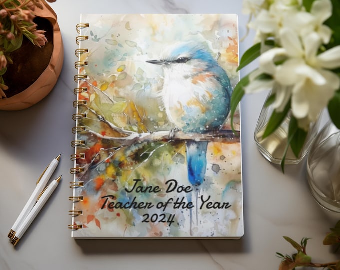 Spiral Notebook - Ruled Line with Personalized Watercolor Bluebird Design, Custom Message, Journal, Diary, Gift for Bird Lovers, Stationery