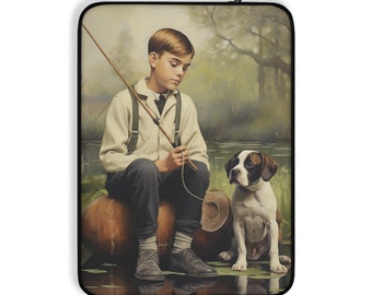 Best Buddies Laptop Sleeve  | Boxer Dog Family Pet Fishing Pond Young Boy Childhood Memories Computer Tablet Cover Protector Terrier