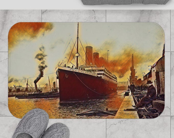 Bath Mat - Titanic Watercolor and Historical Photo Variations, Vintage Bathroom Decor, Nautical Home Accessories, Ocean Lover Gift, Maritime