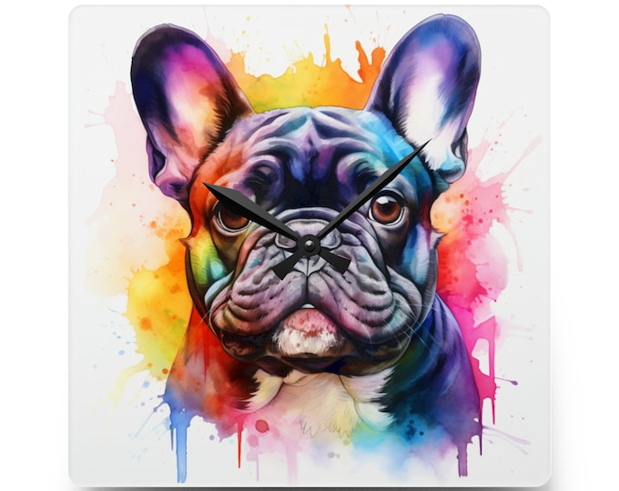 French Bulldog Acrylic Wall Clock Dog Animal Family Pet Fur Baby Timepiece K9 Canine Watercolor Frenchie Colorful Puppy Nursery Best Friend