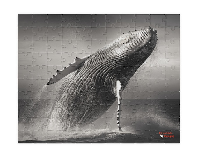 Jigsaw Puzzle, Humpback Whale Breaching in Monochrome - Ocean Animal Lover Gift, Relaxing Activity, Family Fun, Mindfulness Gift