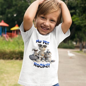My Pet Rocks (Design #1) Kids Heavy Cotton™ Tee Cartoon Funny Pets Dogs Cats Rock Silly Cute Adorable for Kid Boys Girls Animals Fun